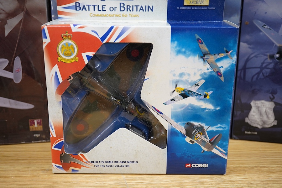 Eight boxed Corgi Aviation Archive model aircraft, mainly in 1:144 scale, including; a Supermarine Spitfire (49001), a Douglas Dakota (47111), two Avro Lancastrian (both 47402), an Avro Lancaster (47306), a Short Sunderl